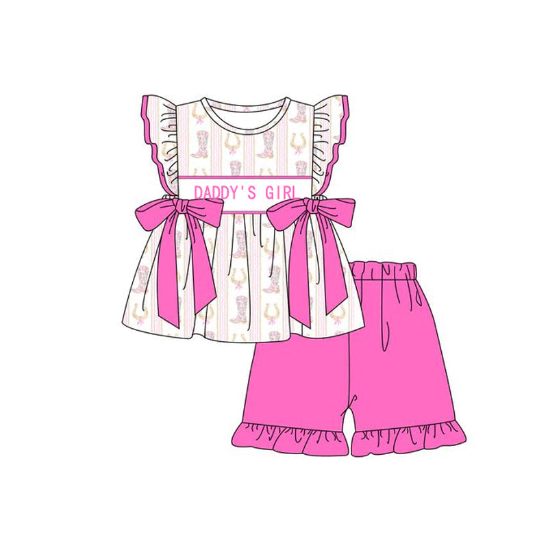 Preorder Baby Kids Western Boots Daddy's Girl Tunic Pink Ruffle Shorts Set ( Moq 5 )