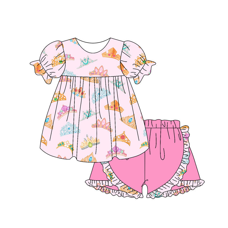 Preorder Baby Girl Short Sleeves Crowns Tunic Pink Ruffle Shorts Set ( Moq 5 )