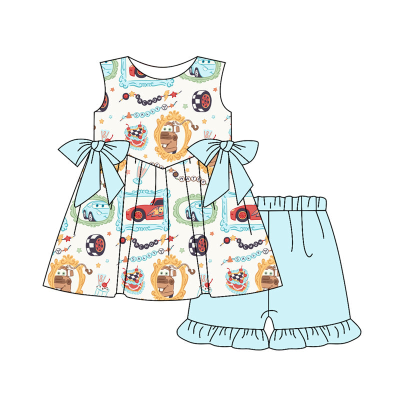 Preorder Baby Girl Cartoon Car Cakes Bows Tunic Blue Shorts Set ( Moq 5 )