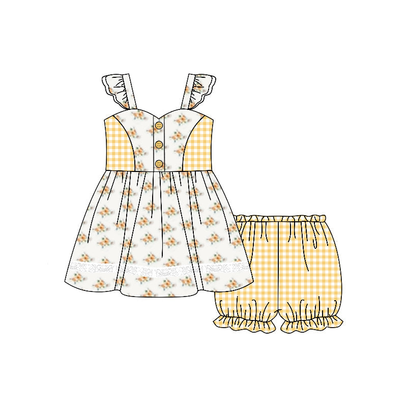 Preorder Baby Girl  Flower Tunic Yellow Checked Shorts Clothes Set ( Moq 5 ）
