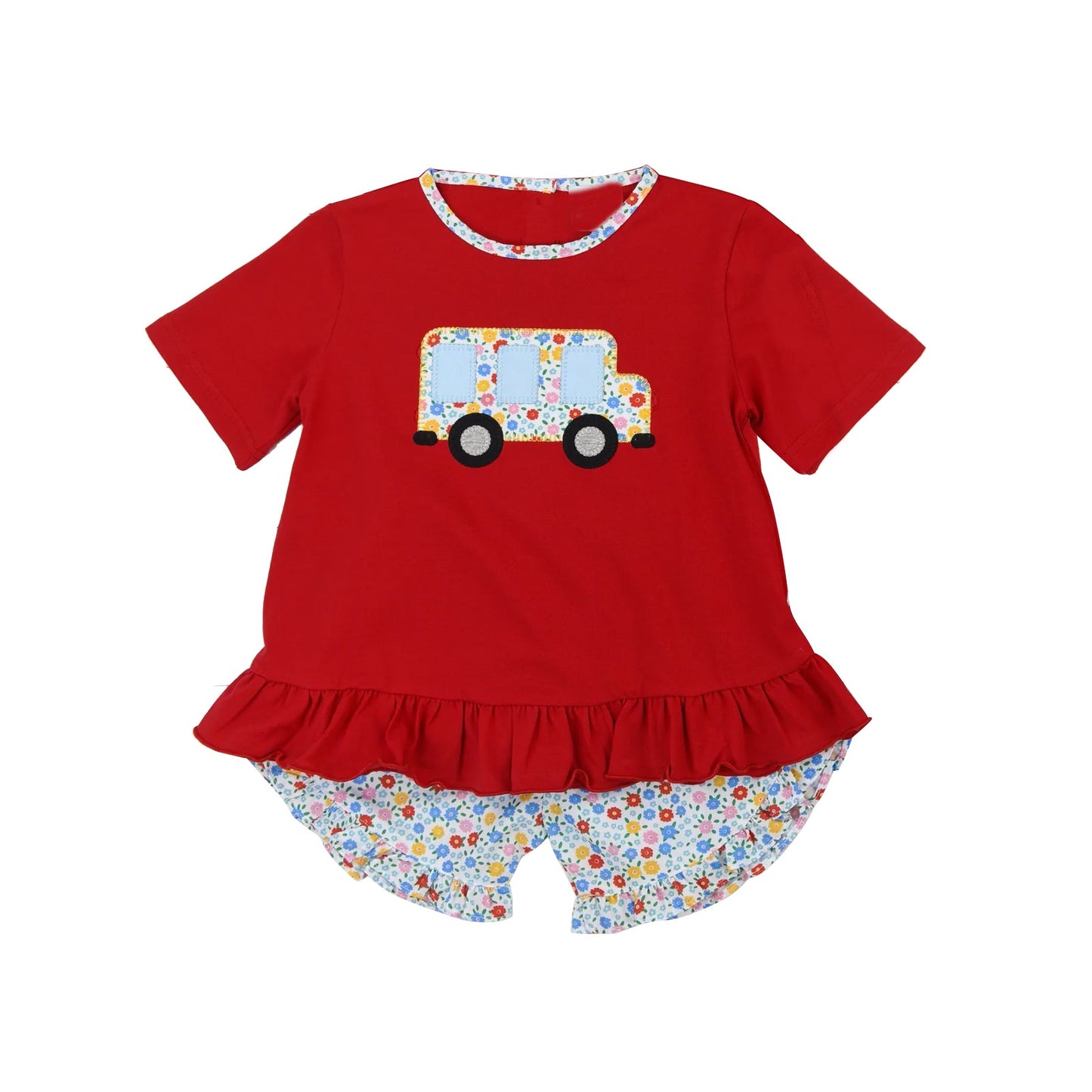 Preorder Baby Girl Back To School Bus Red Tops Flower Short Set ( Moq 5 )