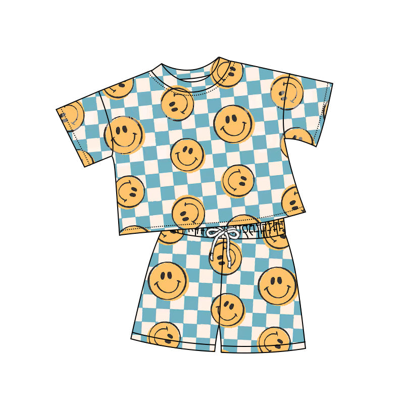 Preorder Baby Boy Short Sleeves Shirt Checkered Smile Shorts Clothes Set ( Moq 5 )