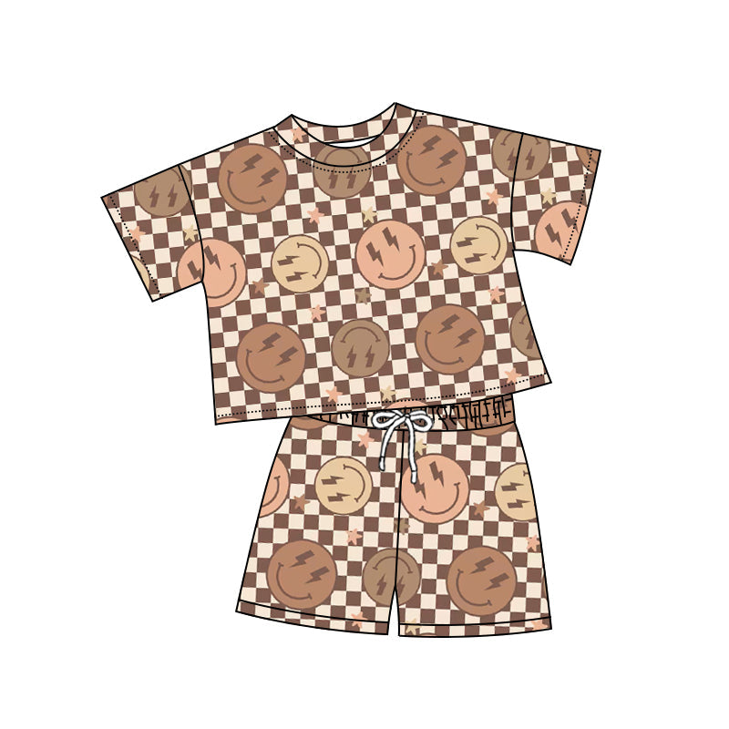 Preorder Baby Boy Short  Sleeves Brown Checkered Smile Shirt Shorts Clothes Set ( Moq 5 )