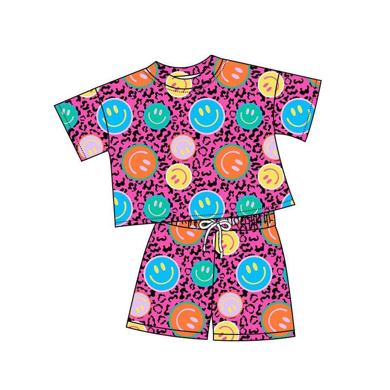 Preorder Baby Girl Short Sleeves Leopard Smile Shirt Shorts Clothes Set ( Moq 5 )
