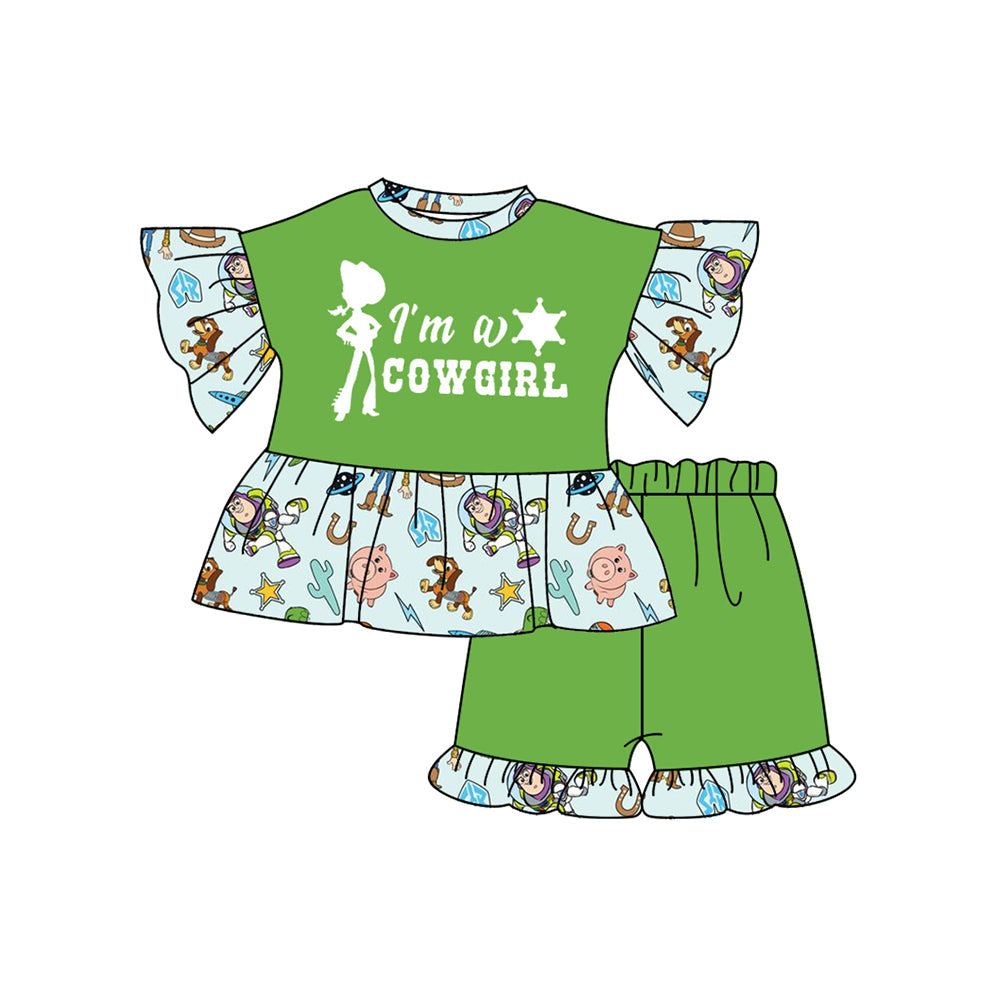 Preorder Baby Girl Western Cowgirl Toys Tunic Green Shorts Clothes Set ( Moq 5 )