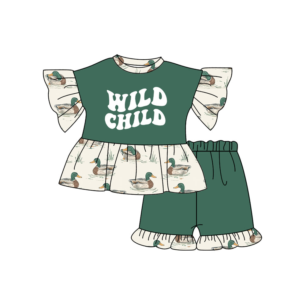 Preorder Baby Girl Wild Child Ducks Tunic Green Ruffle Shorts Clothes Set ( Moq 5 )