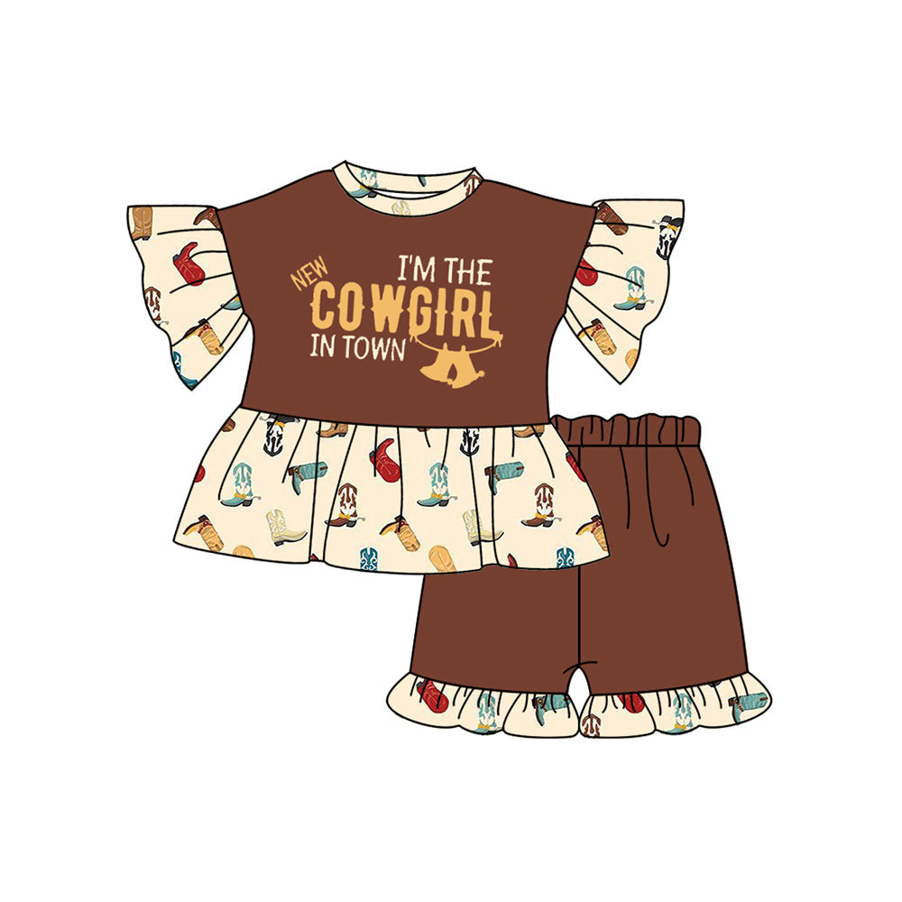 Preorder Baby Girl Western Cowgirl Boots Tunic Brown Shorts Clothes Set ( Moq 5 )