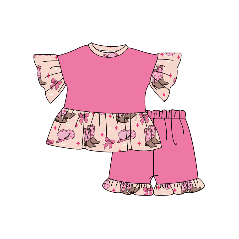 Preorder Baby Girl Western Boots Bows Tunic Pink Shorts Clothes Set ( Moq 5 )