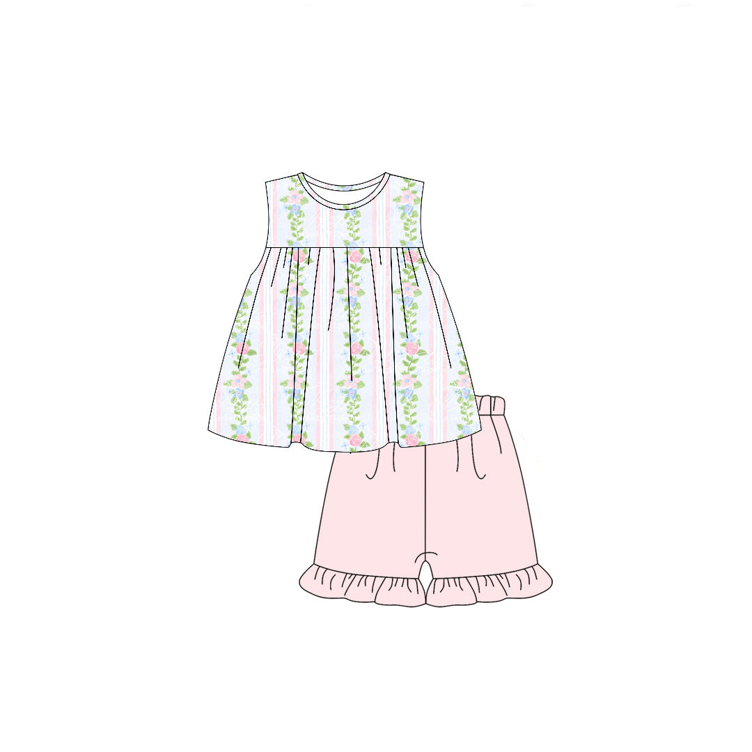 Preorder Baby Girl Sleeveless Stripes Flower Tunic Pink Shorts Clothes Set（ Moq 5 ）