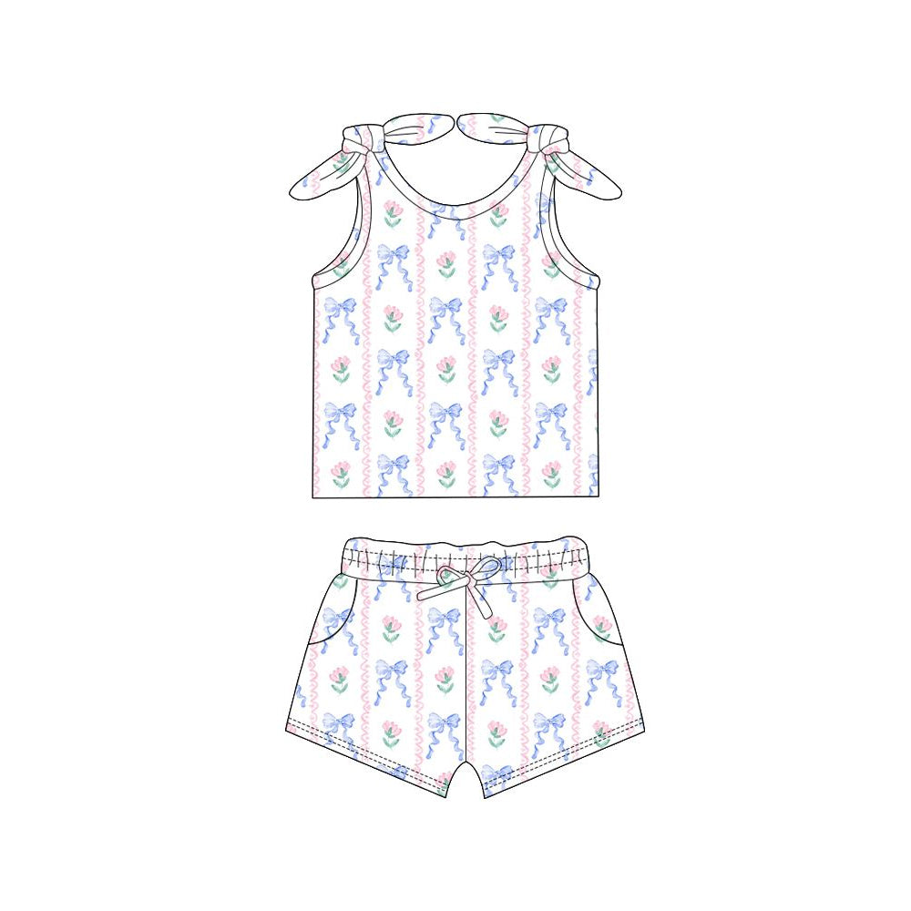 Preorder Baby Girl Straps Blue Bows Shirt Flower Pockets Shorts Clothes Set ( Moq 5 )