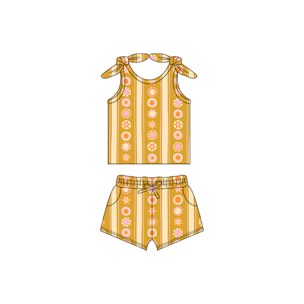 Preorder Baby Girl Straps Flower Bows Shirt Stripes Pockets Shorts Clothes Set ( Moq 5 )