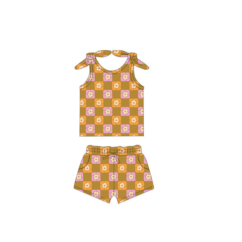 Preorder Baby Girl Straps Flower Bows Shirt Checked Pockets Shorts Clothes Set ( Moq 5 )