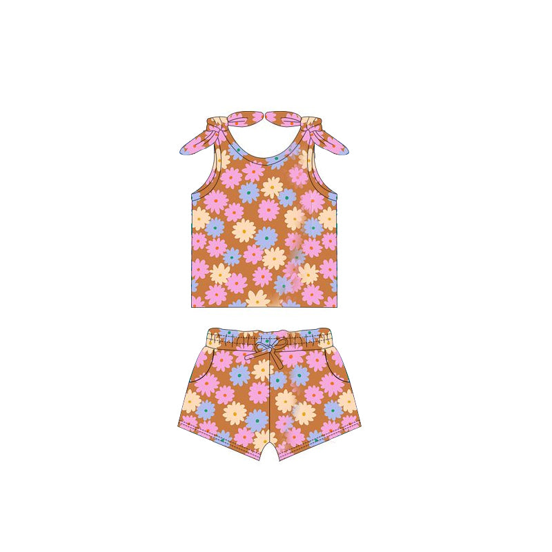 Preorder Baby Girl Straps Flower Bows Shirt Pockets Shorts Clothes Set ( Moq 5 )