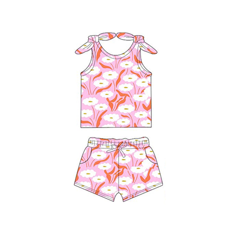 Preorder Baby Girl Straps Flower Pink Bows Shirt Pockets Shorts Set ( Moq 5 )
