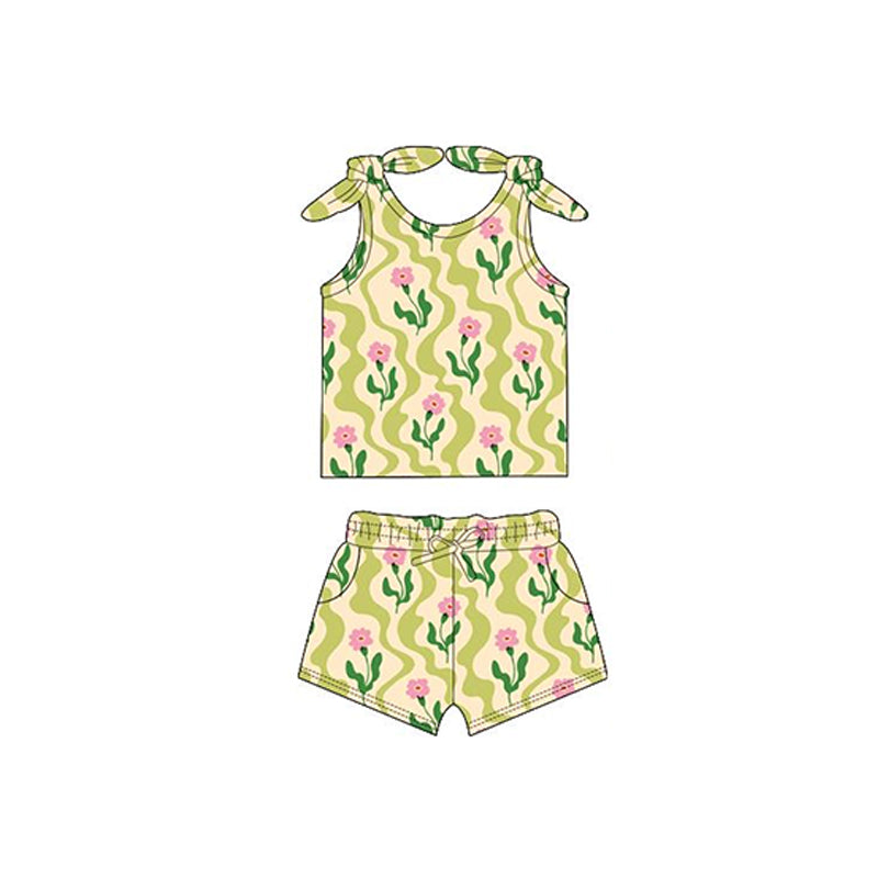 Preorder Baby Girl Sleeveless Flower Bows Shirt Pockets Shorts Set ( Moq 5 )