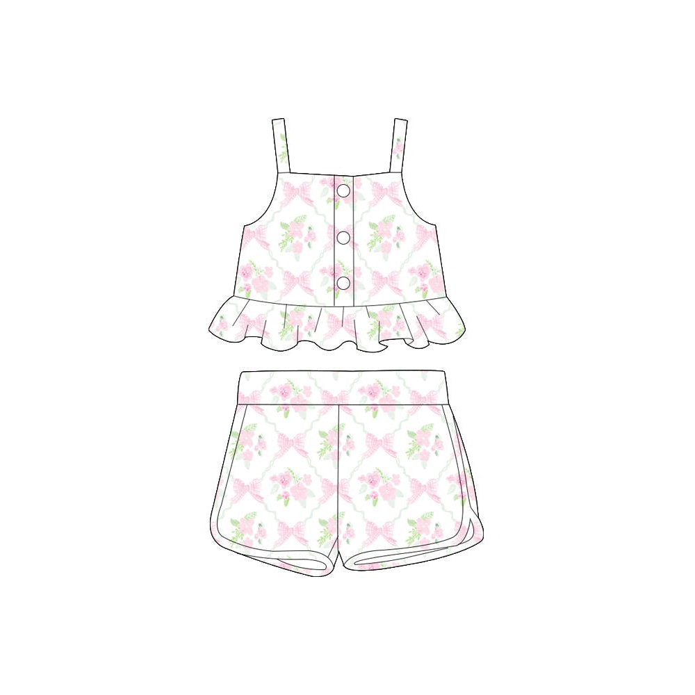 Preorder Baby Girl Straps Flower Pink Bows Ruffle Tops Shorts Clothes Set ( Moq 5 )