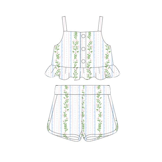 Preorder Baby Girl Straps Ruffle Tops Stripes Flower Shorts Clothes Set ( Moq 5 )