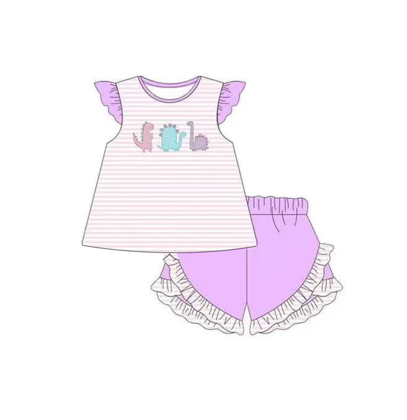 Preorder Baby Girl Dinosaurs Stripes Tunic Ruffle Shorts Clothes Set ( Moq 5 )