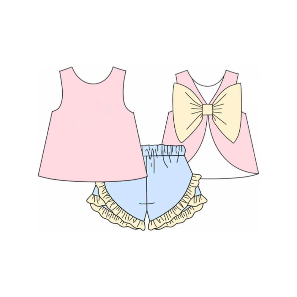 Preorder Baby Girl Sleeveless Bow Pink Back Tunic Ruffle Shorts Clothes Set ( Moq 5 )