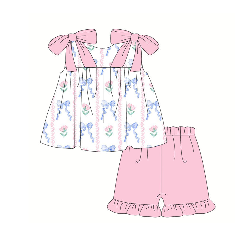Preorder Baby Girl Straps Blue Bows Flower Tunic Pink Ruffle Shorts Clothes Set ( Moq 5 )