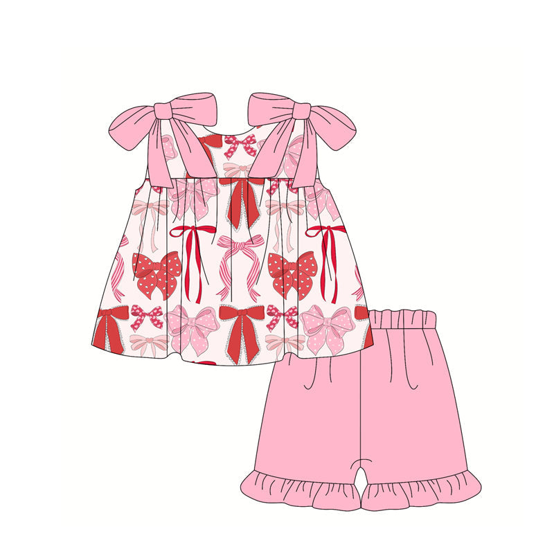 Preorder Baby Girl Straps Bows Tunic Ruffle Pink Shorts Clothes Set ( Moq 5 )