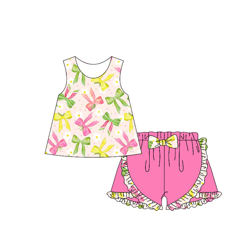 Preorder Baby Girl Watermelon Bows Tunic Ruffle Pink Shorts Clothes Set ( Moq 5 )