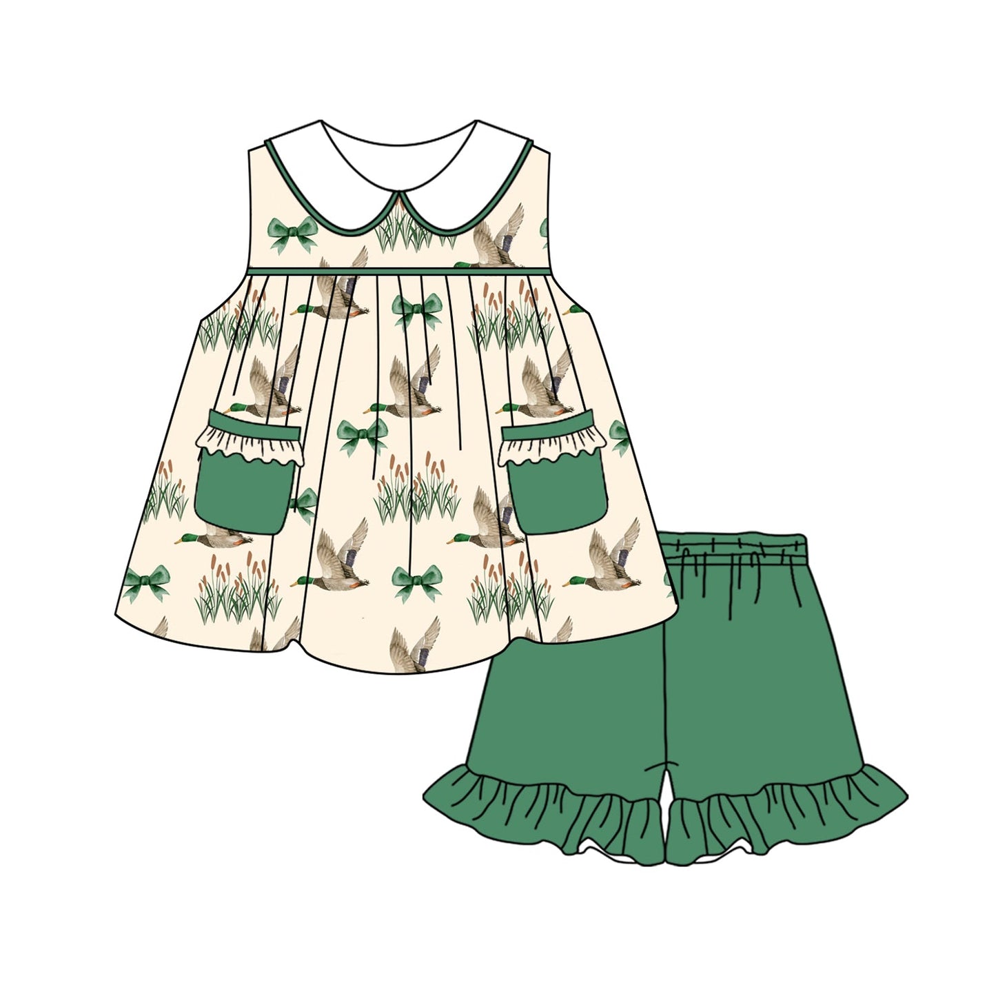Preorder Baby Girl Ducks Pockets Tunic Ruffle Green Shorts Clothes Set ( Moq 5 )