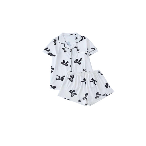 Preorder Baby Girl Short Sleeves Bows Buttons Shirt Shorts Pajamas White Set ( Moq 5 )