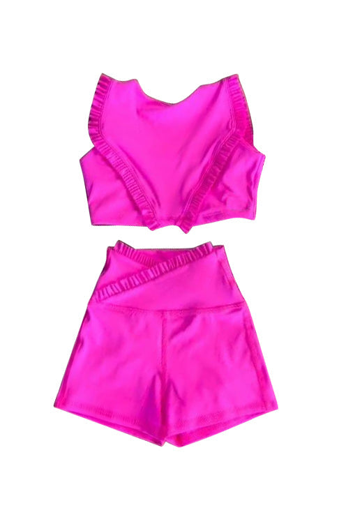 Preorder Baby Girl Sleeveless Ruffle Tops Shorts Yoga Active Wear Hot Pink Set ( Moq 5 )