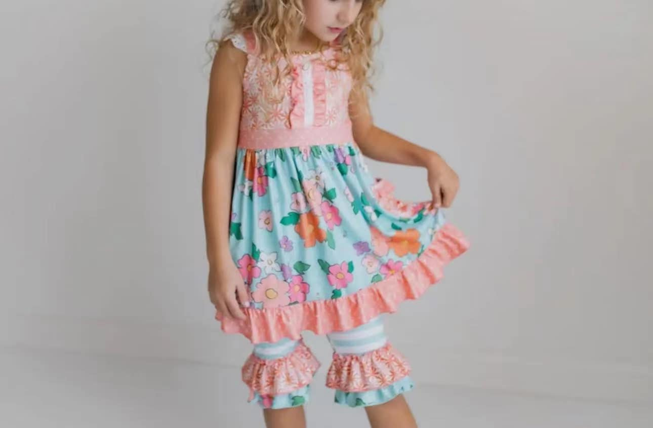 Preorder Baby Girl Flower Pockets Tunic Ruffle Shorts Clothes Set ( Moq 5 )
