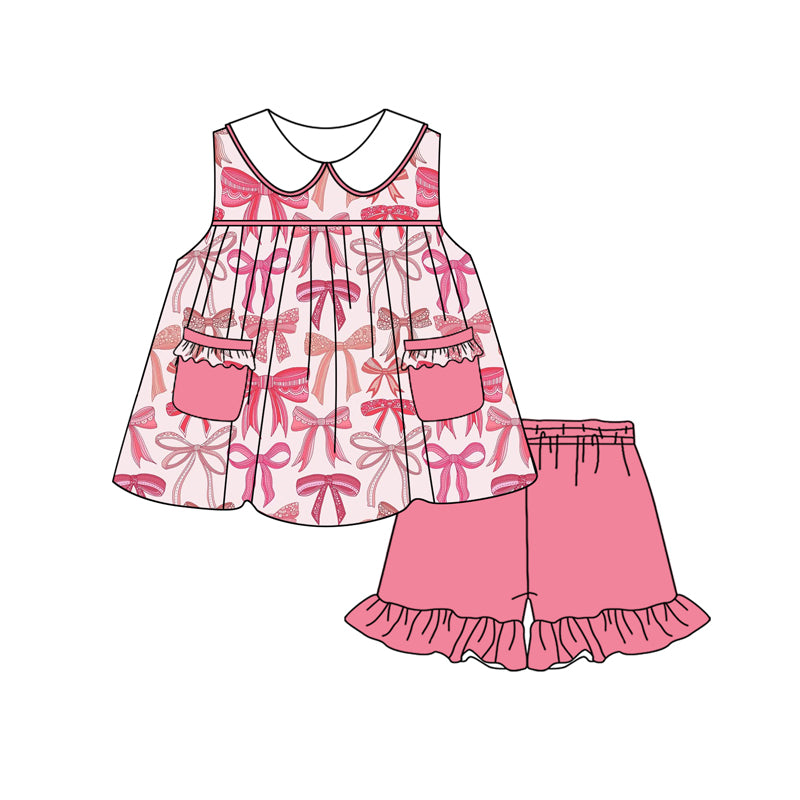 Preorder Baby Girl Pink Bows Pockets Tunic Ruffle Shorts Clothes Set ( Moq 5 )