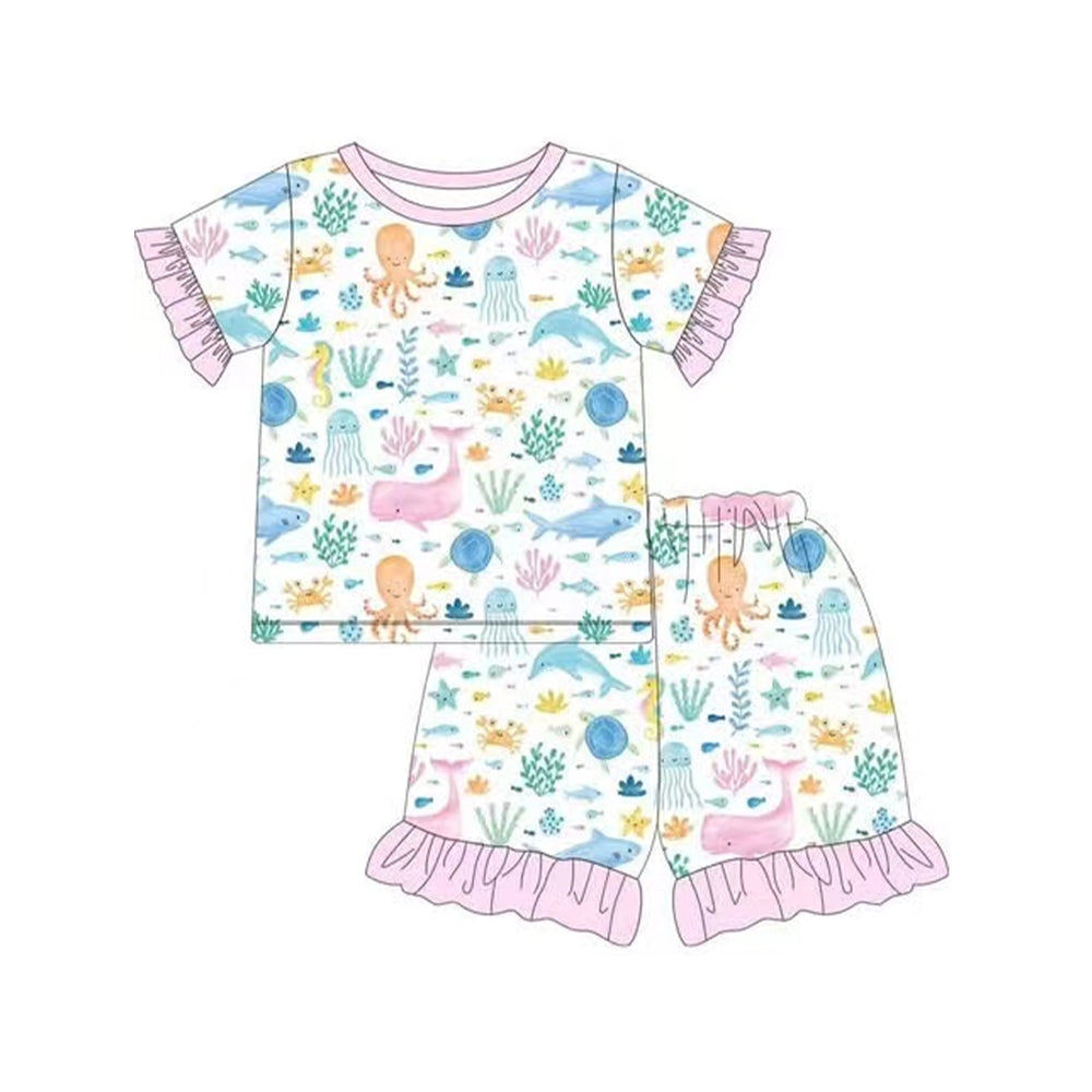 Preorder Baby Girl Short Sleeves Sea Animals Shirt Ruffle Shorts Pajamas Clothes Set ( Moq 5 )