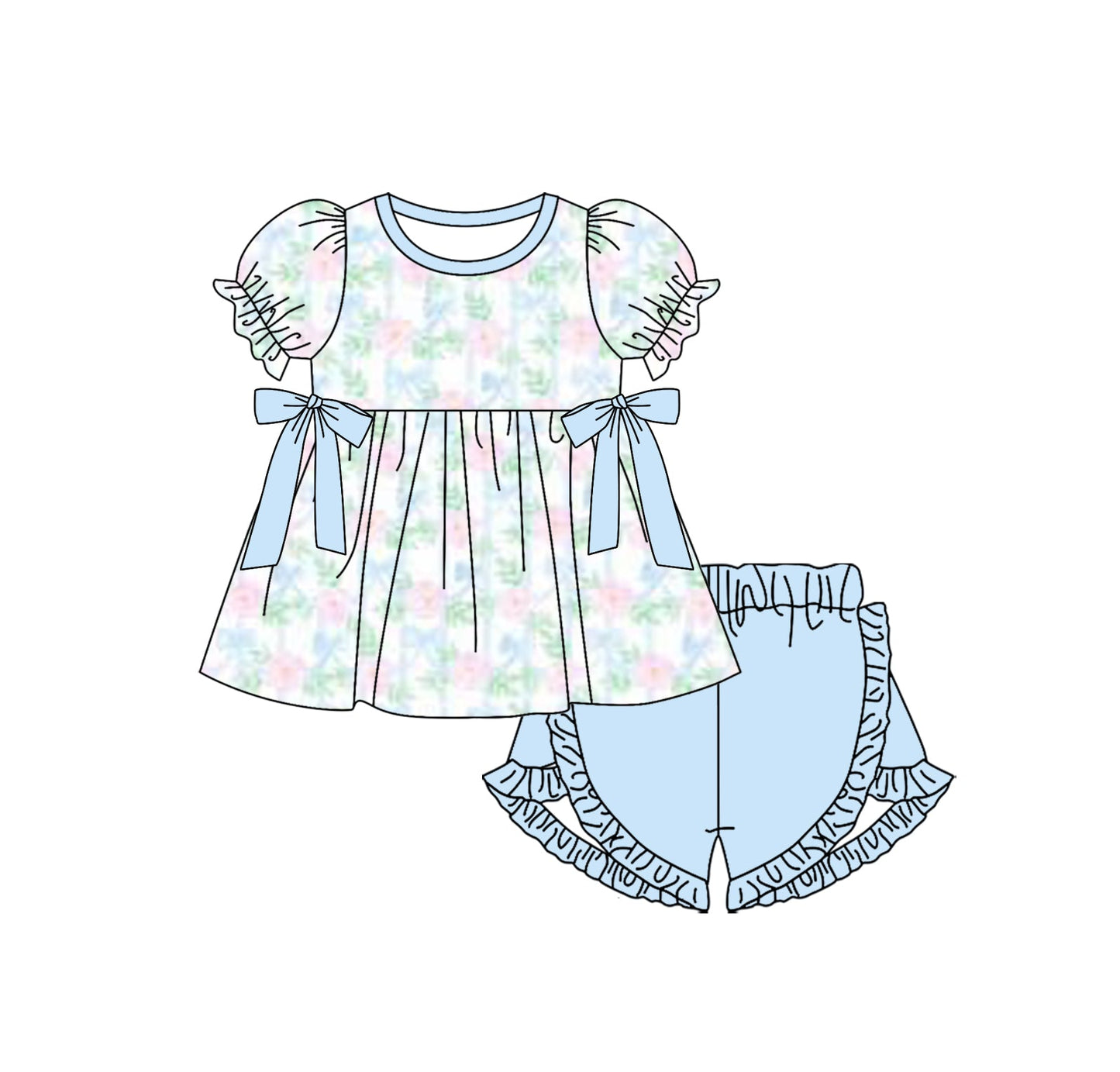 Preorder Baby Girl Short Sleeves Flower Tunic Tops Blue Shorts Clothes Set ( Moq 5 ）