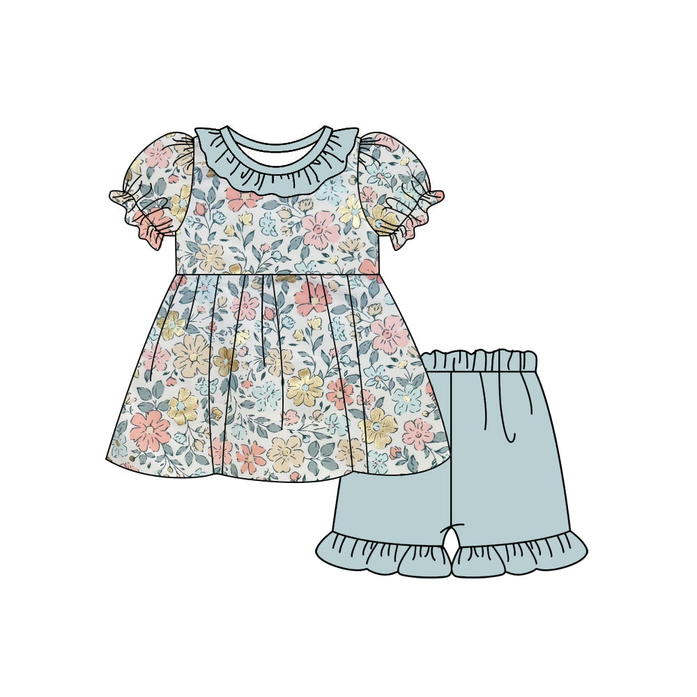 Preorder Baby Girl Short Sleeves Flower Tunic Green Ruffle Shorts Clothes Set ( Moq 5 ）