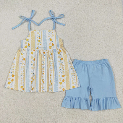 Baby Boy Girl Flower Yellow Blue Summer Sibling Outfit Clothes RTS
