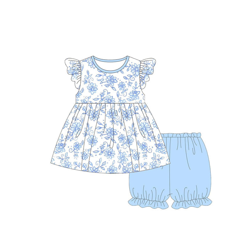 Preorder Baby Girl Short Sleeves Flower Tunic Blue Shorts Clothes Set ( Moq 5 )