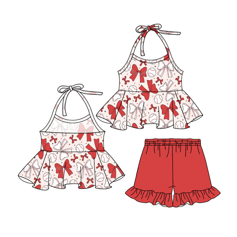 Preorder Baby Girl Halter Bows Baseball Tunic Red Ruffle Shorts Clothes Set ( Moq 5 )