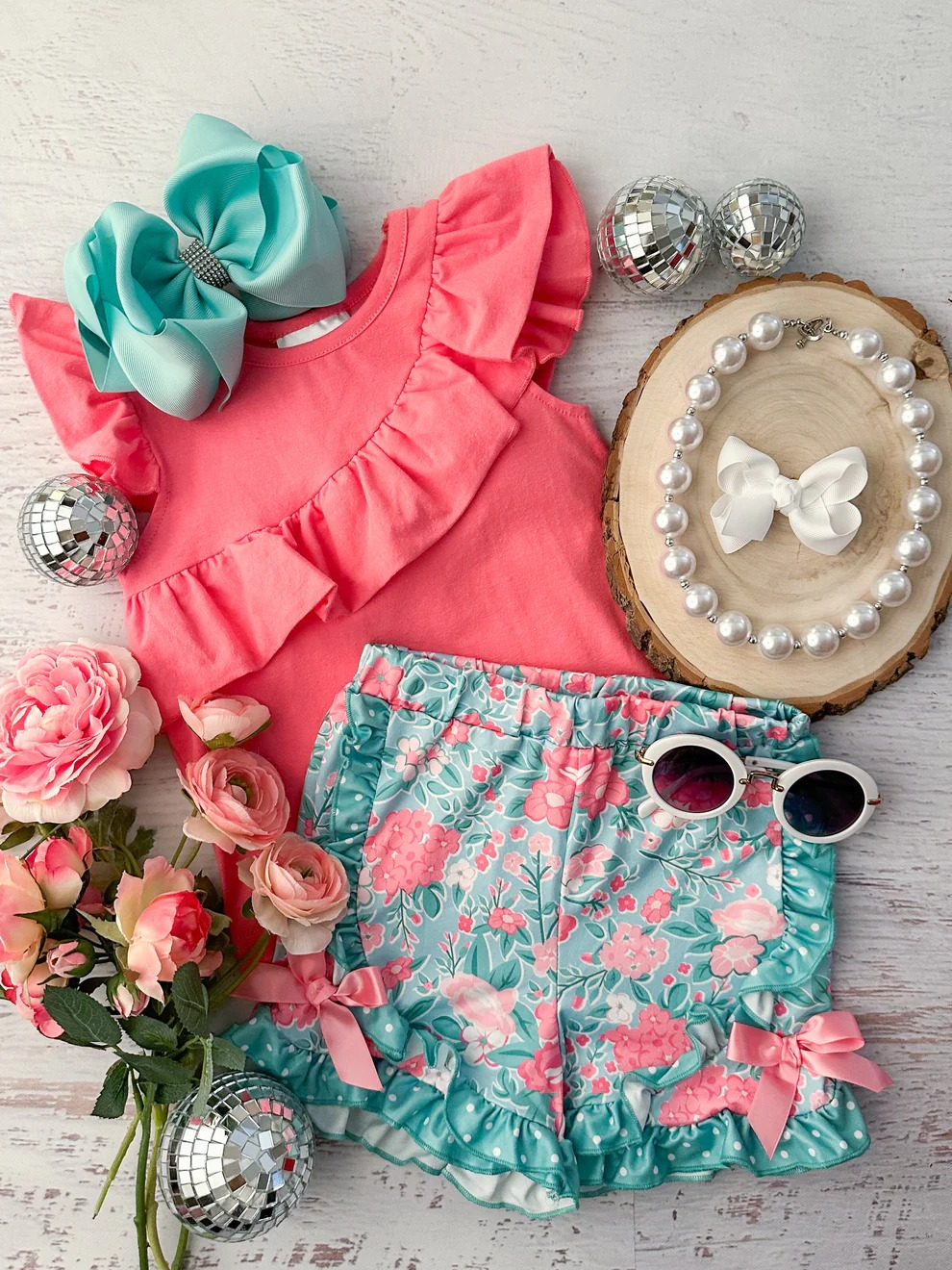 Preorder Baby Girl Short Sleeves Pink Ruffle Shirt Flower Shorts Clothes Set ( Moq 5 )
