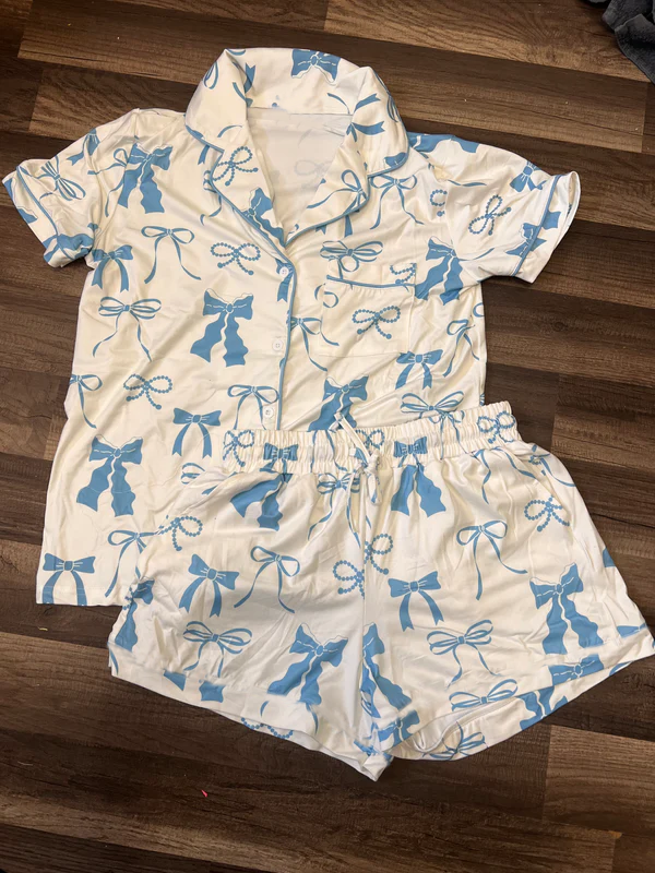 Preorder Baby Girl Short Sleeves Blue Bows Buttons Pocket Shirt Short Pajamas Set ( Moq 5 )
