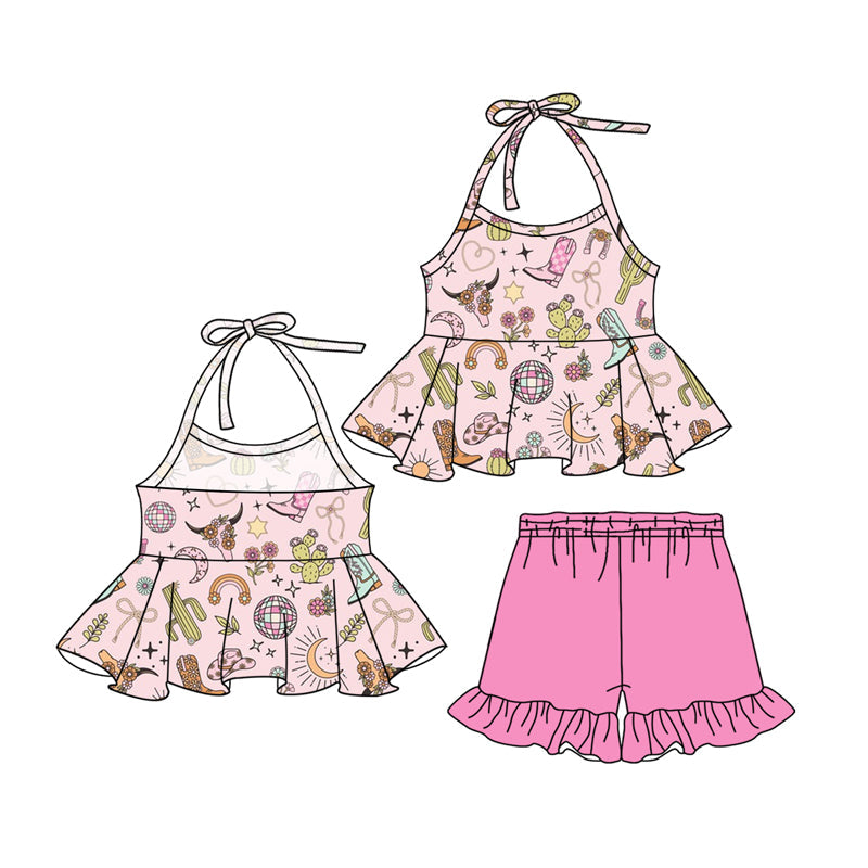 Preorder Baby Girl Strap Boots Cactus Tunic Pink Ruffle Short Clothes Set ( Moq 5 )