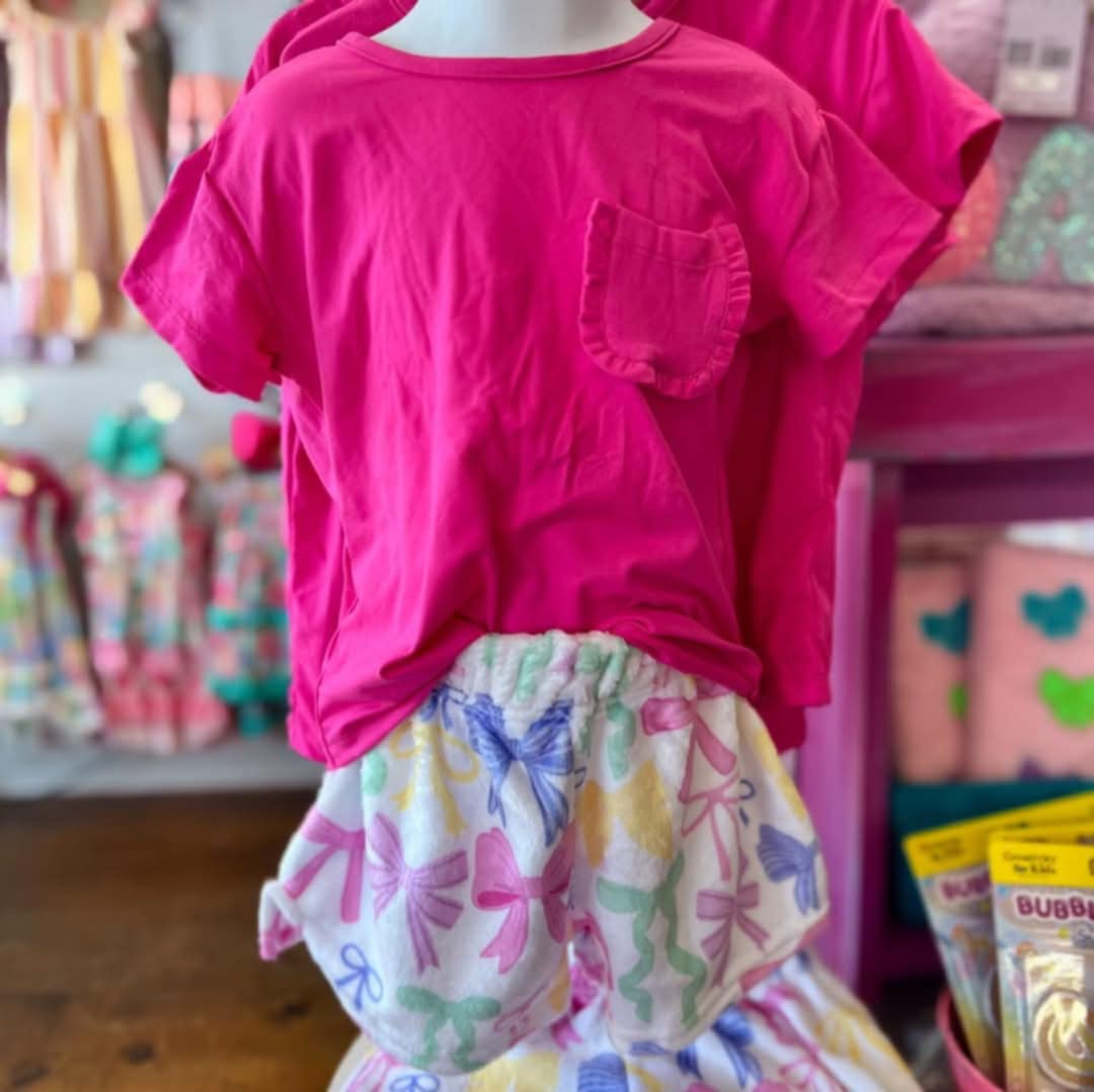 Preorder Short Sleeves Pink Pocket Shirt Colorful Bows Shorts Clothes Set  ( Moq 5 )