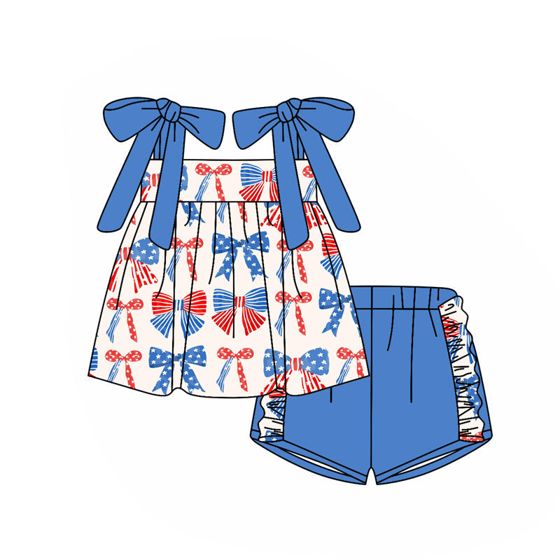 Preorder Baby Girl Strap Bows Stars Tunic Blue Ruffle Short 4th Of July Set ( Moq 5 )