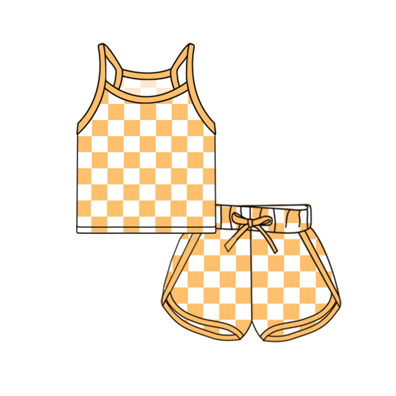 Preorder Baby Girl Strap Yellow Checked Vest Tops Short Sports Set ( Moq 5 ）
