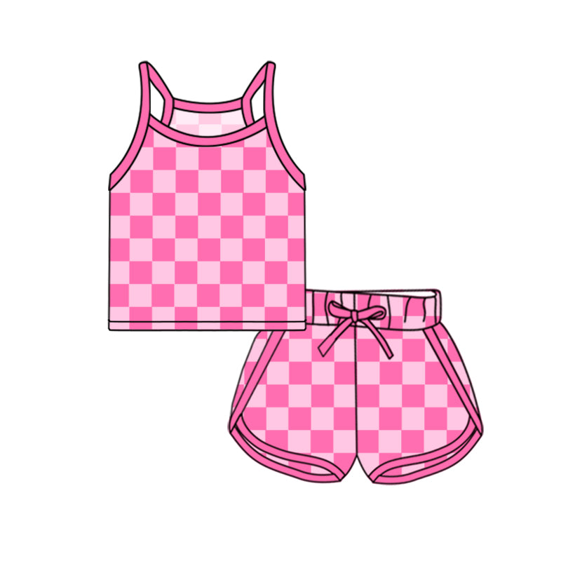Baby Girl Strap Pink Checked Vest Tops Short Sports Set RTS