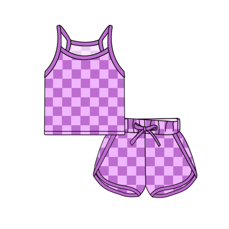 Preorder Baby Girl Strap Purple Checked Vest Tops Short Sports Set ( Moq 5 ）