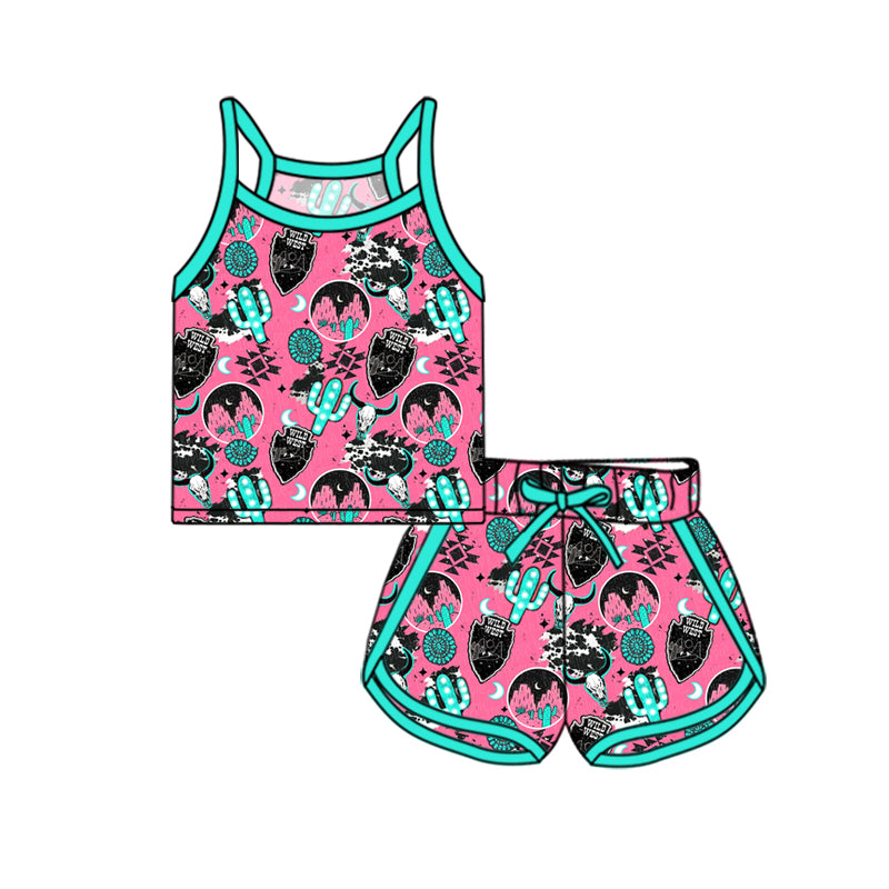 Preorder Baby Girl Strap Western Cactus Cow Vest Tops Short Sports Set ( Moq 5 ）