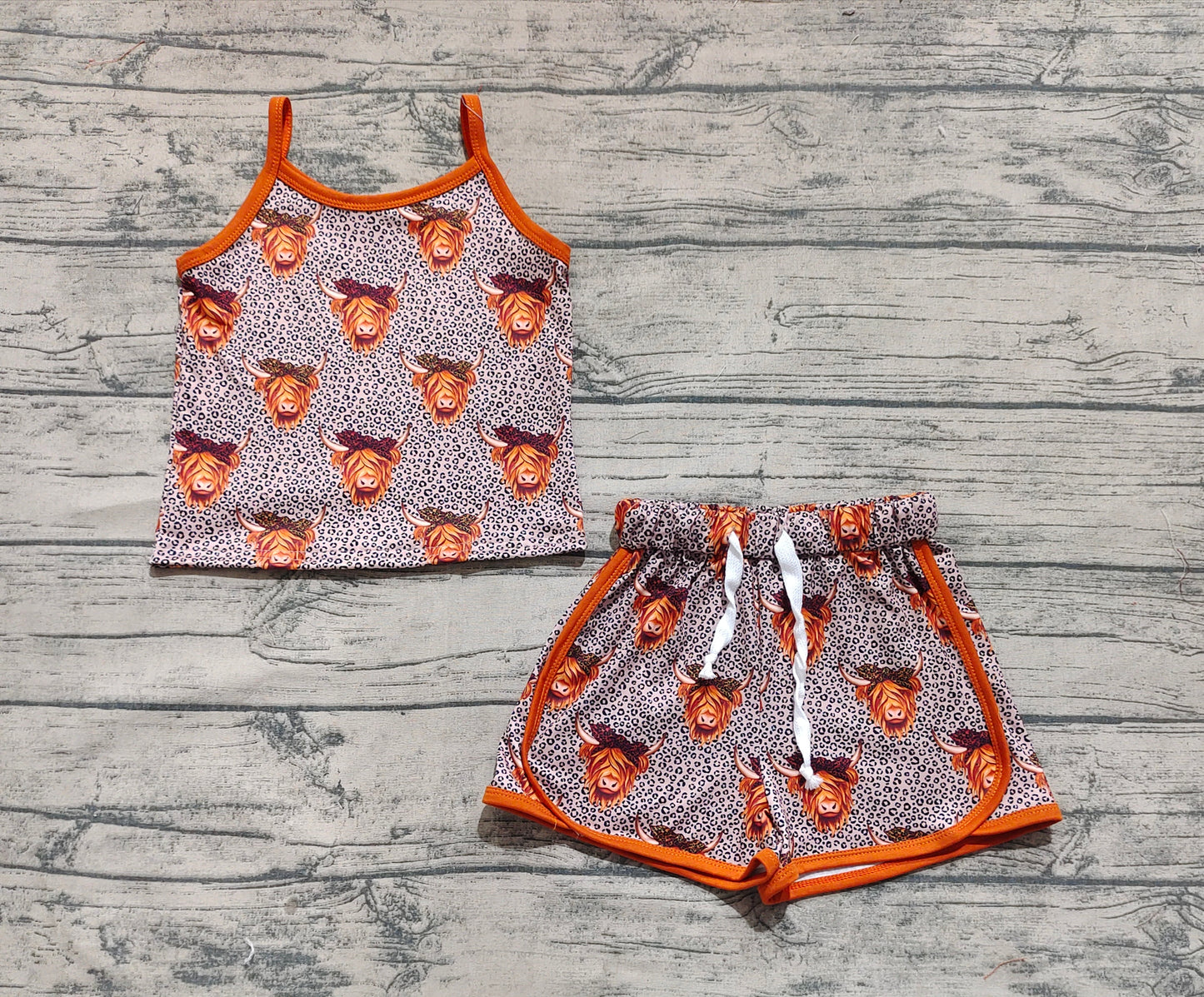 Baby Girl Strap Western Leopard Cow Vest Tops Short Sports Set RTS