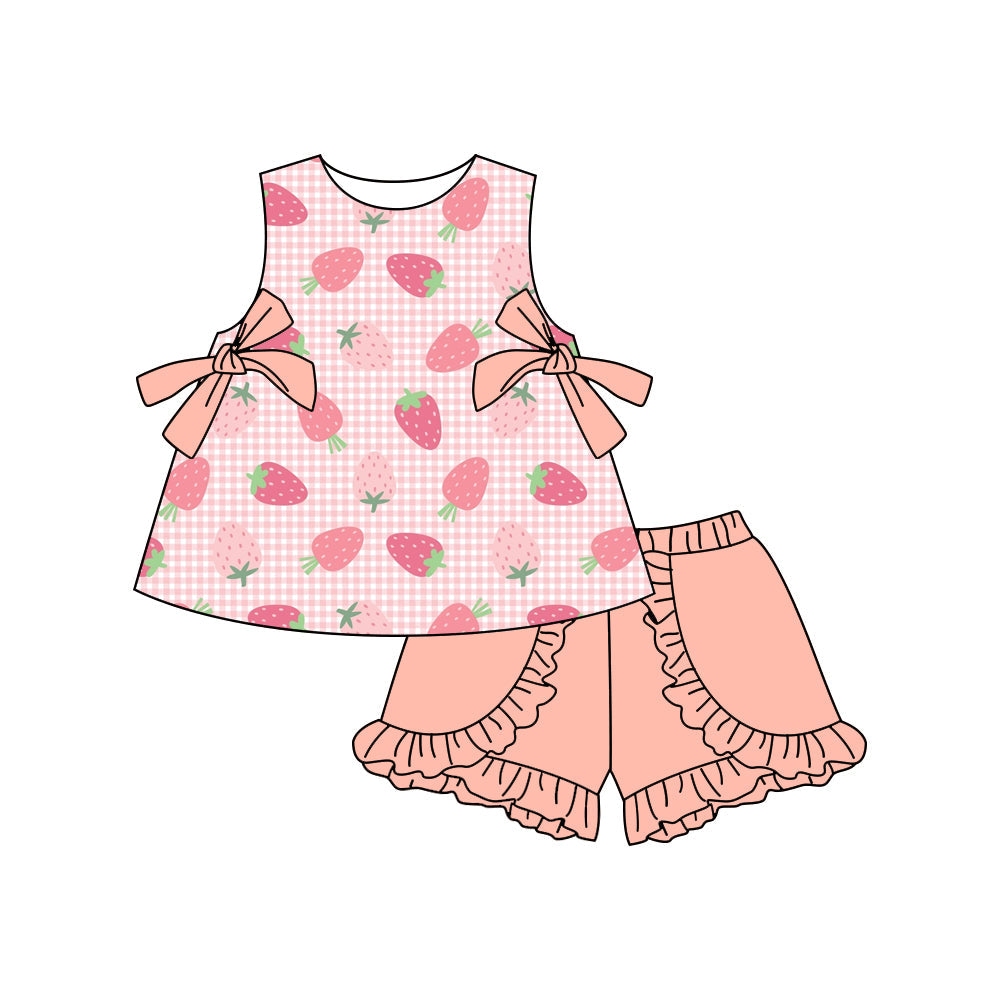 Preorder Baby Girl Sleeveless Strawberry Plaid Tunic Ruffle Short Set ( Moq 5 ）