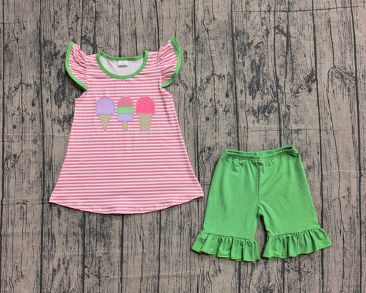 ( No moq ) Preorder Baby Girl Short Sleeves Embroidery Popsicles Stripes Tunic Green Ruffle Short Set