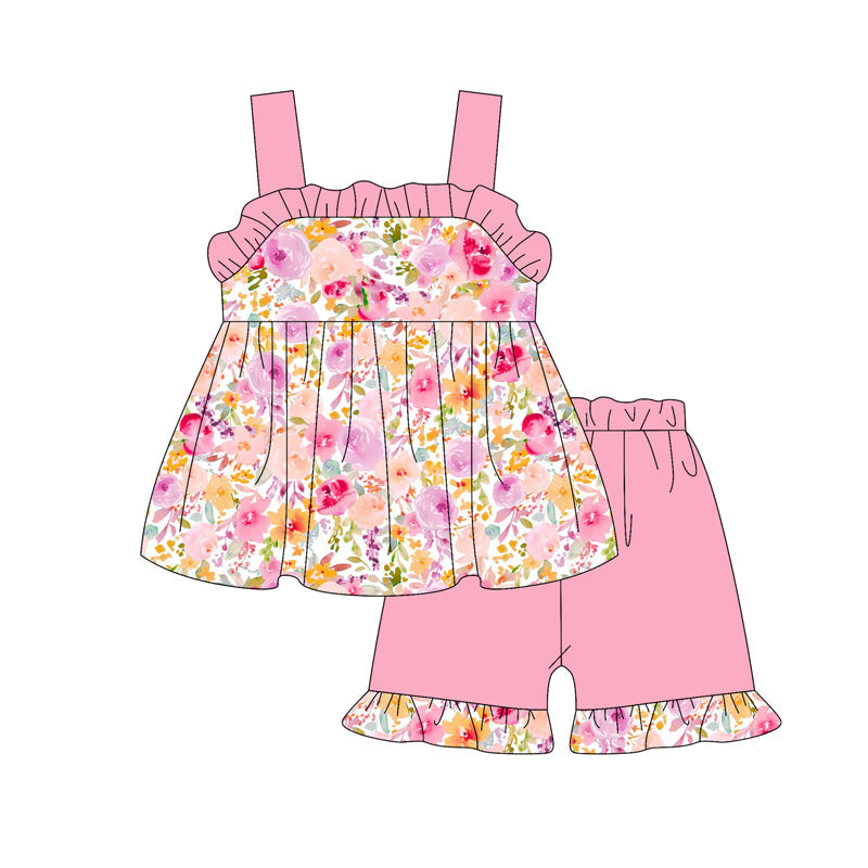 Preorder Baby Girl Straps Floral Tunic Ruffle Pink Short Clothes Set ( Moq 5 )
